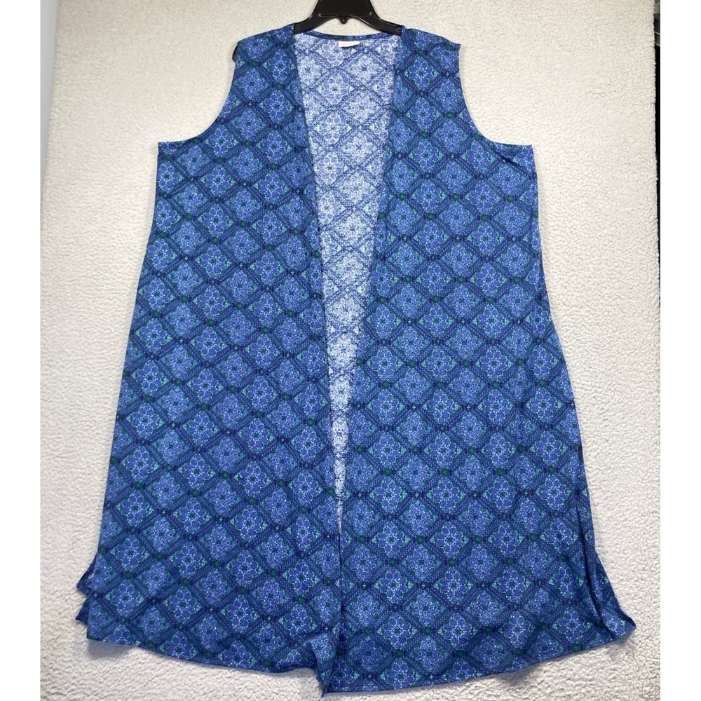 LuLaRoe Joy Duster Vest Women XL Blue Green Geometric Floral Lattice Open Front